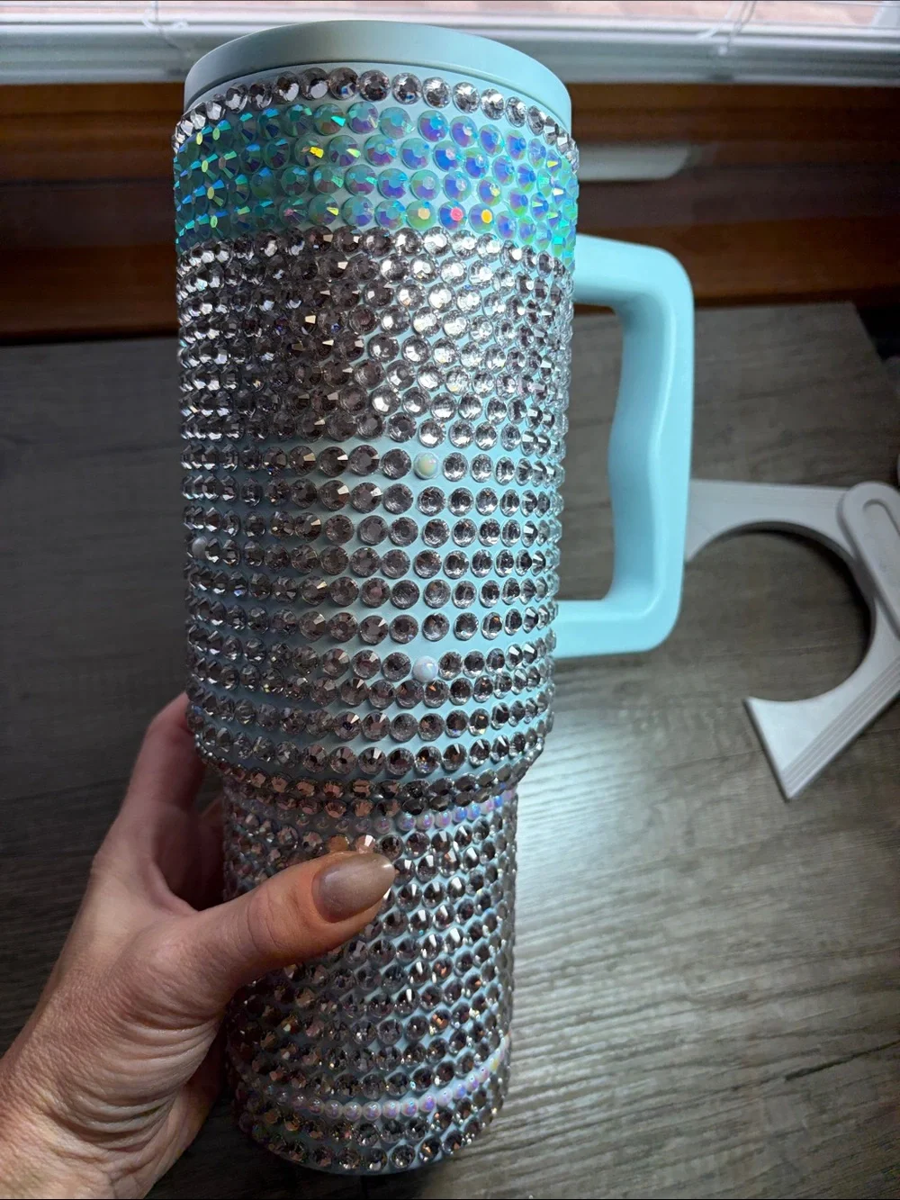 Crystal-Embellished Light Blue Travel Tumbler with Handle